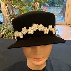 Elegant Black Wool Hat with Silver Sequined Beaded Floral Band